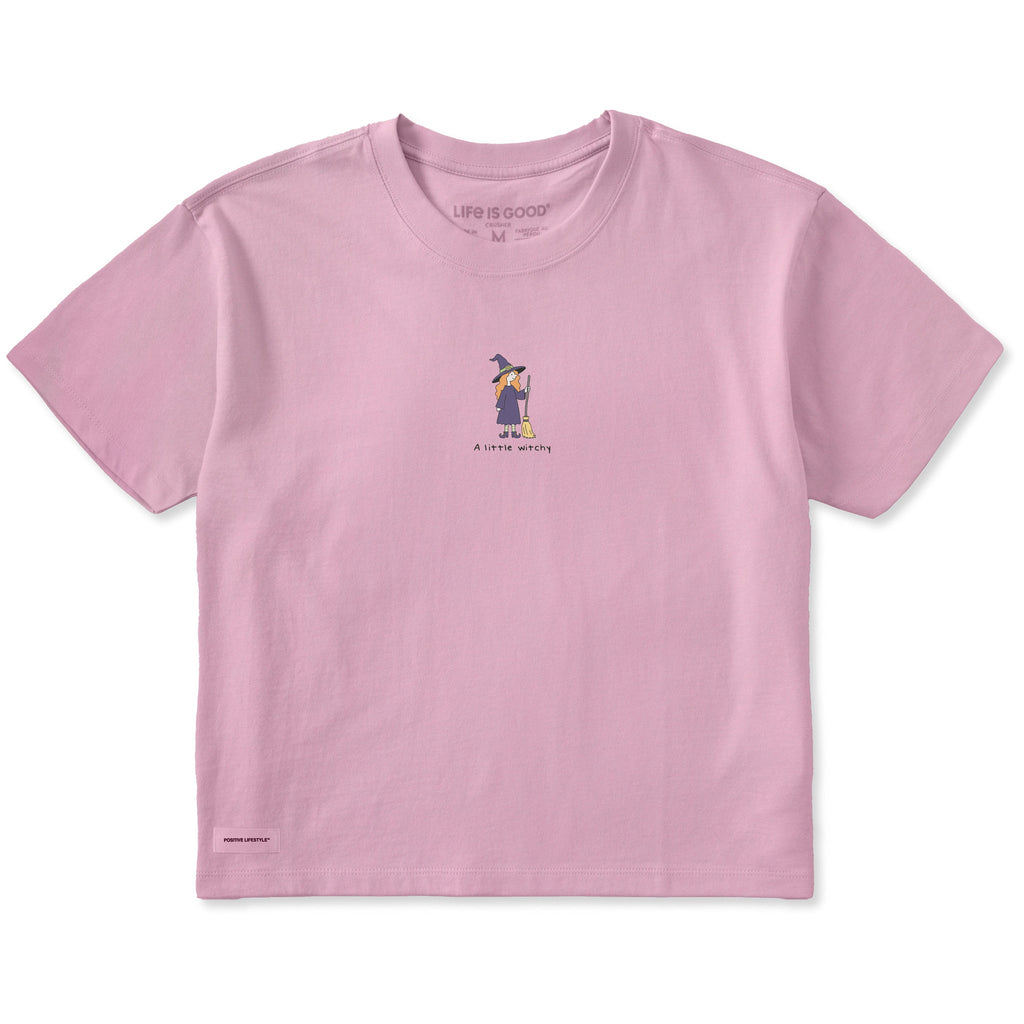 Women's A Little Witch with Broom Short Sleeve Crusher Boxy Tee